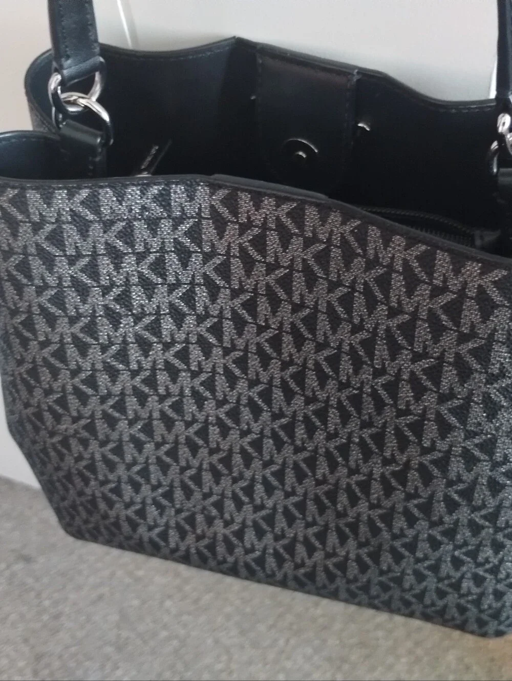Michael Kors Black and Silver Signature Stripe Purse
